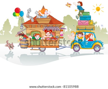 Vector illustration, cute kids going in a trip, card concept.