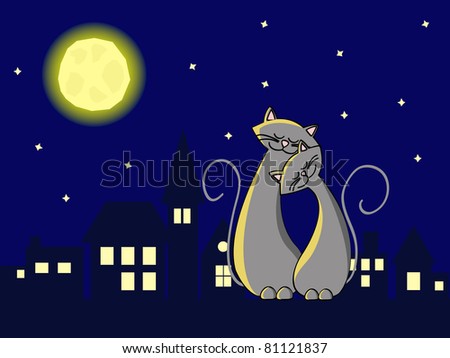 two grey cats in love sitting at the roof at night