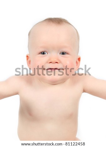 Cute baby boy posing for camera on white background