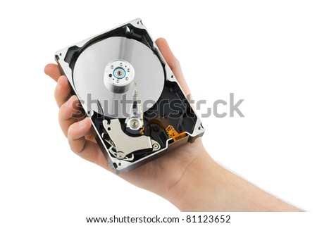 Hand and computer hard drive isolated on white background