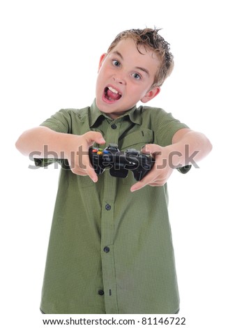 funny boy with a joystick isolated on white background