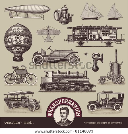 vector set: vintage means of transportation - variety of old-fashioned illustrations