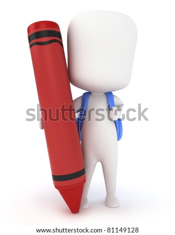 3D Illustration of a Kid Holding a Big Crayon