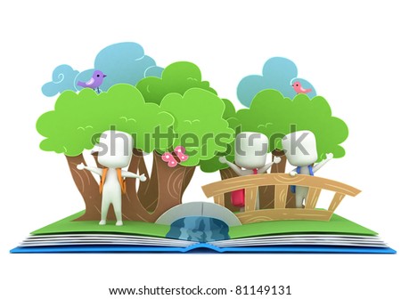 3D Illustration of Kids Popping Out of a Pop Up Book