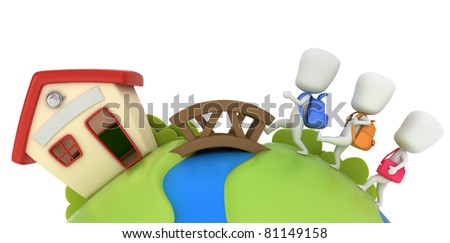 3D Illustration of Kids Going to School