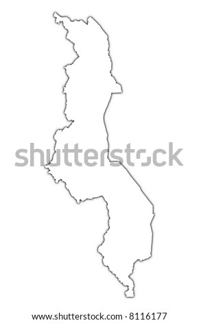 Malawi outline map with shadow. Detailed, Mercator projection.