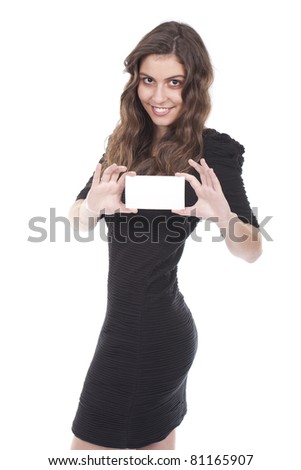 a smiling woman is holding an empty card
