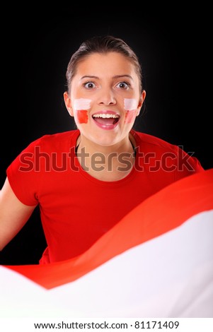 A picture of a happy Polish female fan cheering against black background