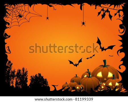 Pumpkins, bats and spiders on the orange Halloween background - check out my animation with this illustration: http://goo.gl/BBKpj9