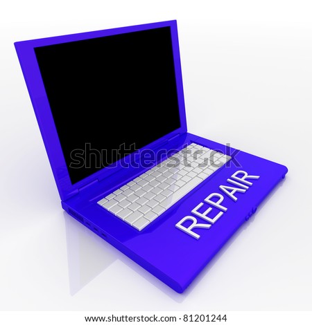 3D blank laptop computer with repair word on it