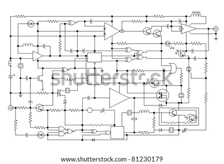 schematic diagram - project of electronic circuit - graphic design of electronic components and semiconductor Royalty-Free Stock Photo #81230179