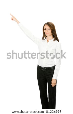 Portrait of happy smiling beautiful young cheerful business woma showing something, isolated on white background