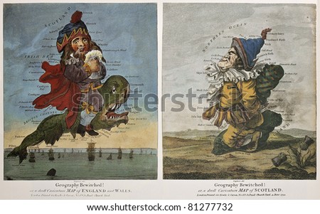 Old caricature maps of England-Wales and Scotland. Created by Dighton, published in London by Bowles and Carver, 1794