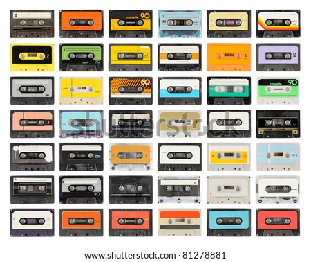 a large collection of retro cassette tapes places in a grid Royalty-Free Stock Photo #81278881