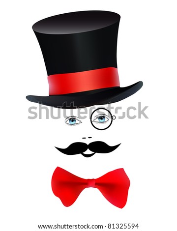 eyes with a monocle and mustache butterfly hat magician on a white background