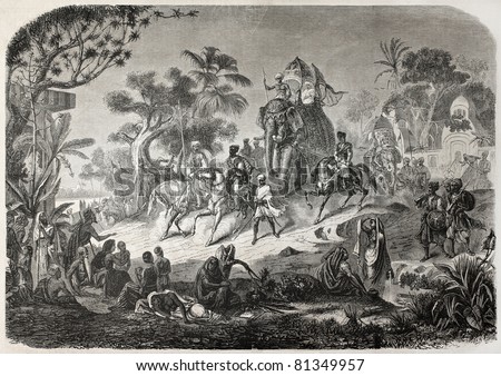 Old illustration of royal procession of the Raja of Bengala. Created by De Berard, published on L'Illustration, Journal Universel, Paris, 1857