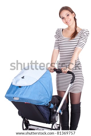 young beautiful mother with baby buggy (stroller)