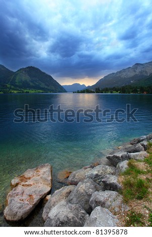 Night storm over a Grundlsee Lake (Alpine Lake) in Salzkammergut. Austria, Europe.