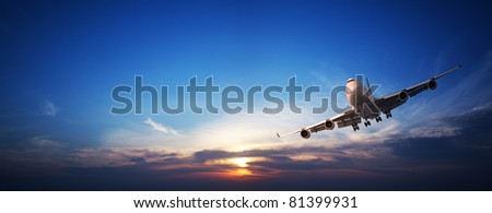 Jet cruising in a sunset sky. Panoramic image.