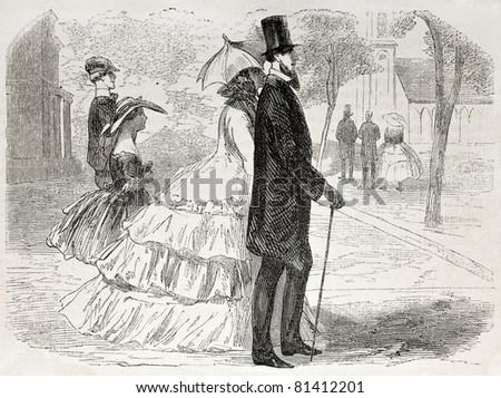 American way of life: old illustration of a couple going to church. Created by Job, published on L'Illustration, Journal Universel, Paris, 1857