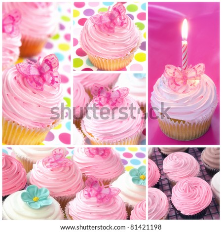 Cupcake collage.  Montage of cupcake images, in pastel tones.
