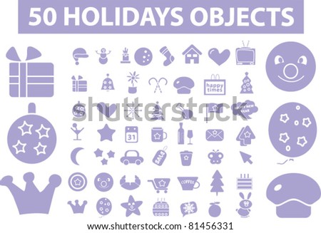 50 holidays objects, signs, icons, vector