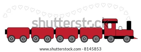 Red and black toy locomotive (steam train) with white hearts flowing out of the exhaust (also available as vector)