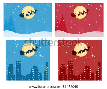 Santa's Sleigh In Red And Blue Christmas Night .Vector Collection