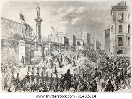 Old illustration of Blessed Virgin monument inauguration in Marseilles, France. Created by Crapelet, published on L'Illustration Journal Universel, Paris, 1857