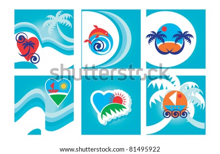 Set of six colorful lBlue Tropical Background, cards with beach emblems