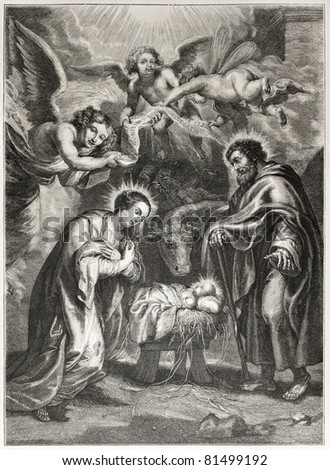 Old illustration of the holy Nativity. Engraved by Jourdain after painting of Rubens,  published on L'Illustration Journal Universel, Paris, 1857