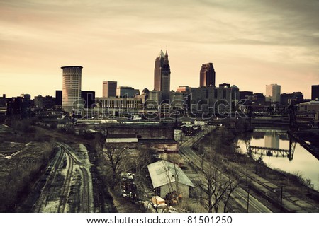 Cleveland during sunset. Panorama of the city with Cuyahoga River.
