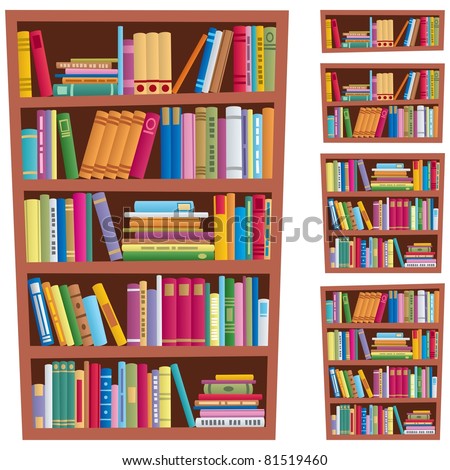 Cartoon illustration of bookshelf in 5 different versions.