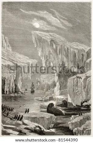 Old illustration of Sir John Franklin North Arctic exploration. Created by Grandsire and Laly, published on Le Tour du Monde, Paris, 1860