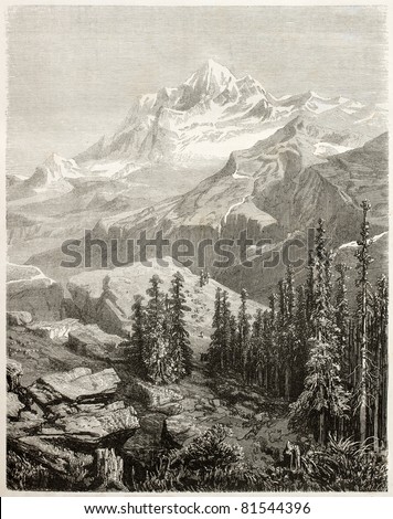 Old view of Gauri Sankar, mountain in Himalayas. Created by Grandsire after Schlagintweit, published on Le Tour du Monde, Paris, 1860