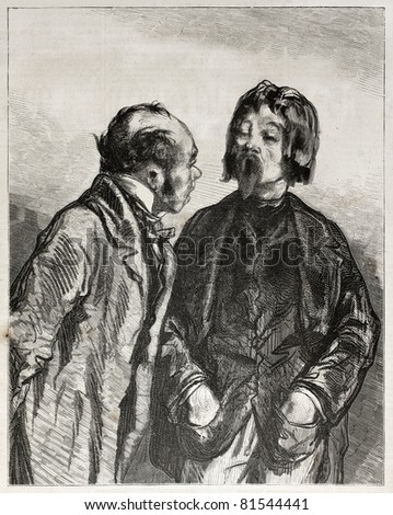 Old illustration of two men talking. Created by Gavarni, published on L'Illustration Journal Universel, Paris, 1857
