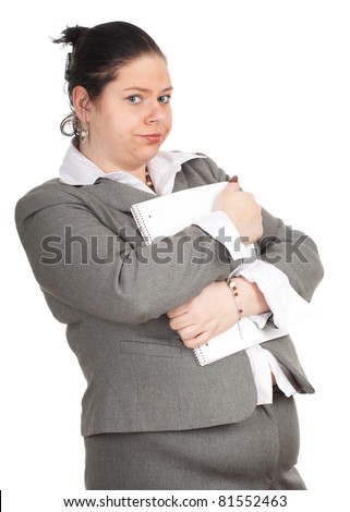 young fat woman in grey suit  with blank card