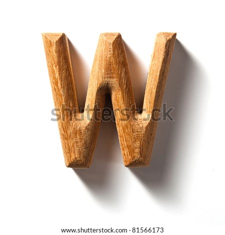 Wooden alphabet letter with drop shadow on white background, W
