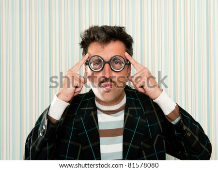 nerd silly myopic man with glasses thinking doing funny gesture with retro mustache
