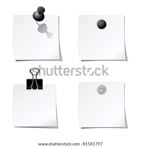 Set of white stickers with paper clip and office pins