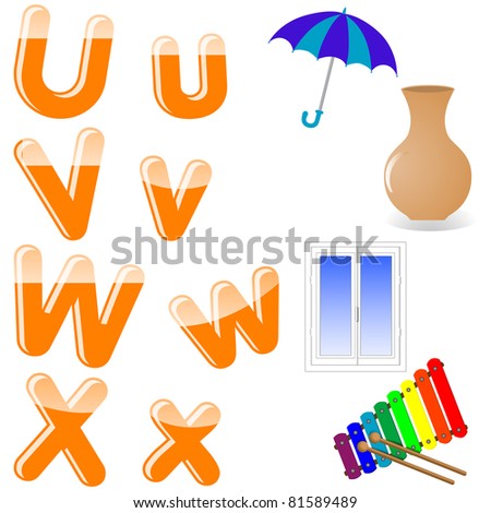 The English alphabet with funny pictures. letters U, V, W, X. Vector. 10 EPS.