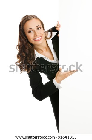 Happy smiling young business woman showing blank signboard, isolated on white background