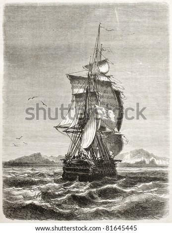 Old illustration of frigate Novara of the Austro-Hungarian Navy. Created by Jules Noel, published on Le Tour du Monde, Paris, 1860