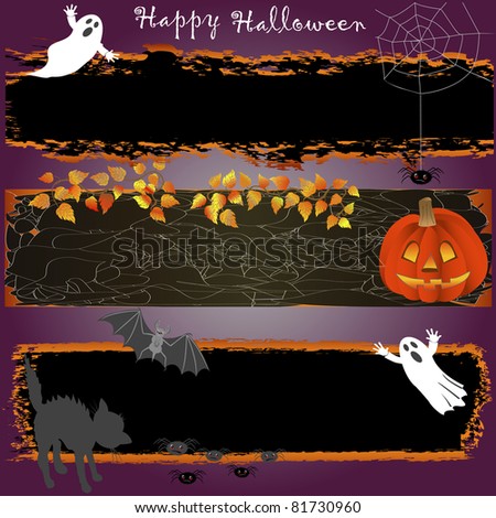Grungy halloween banners with pumpkin, spooky and cat. vector.