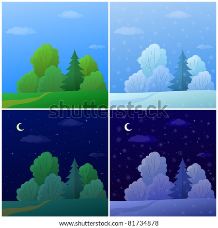 set forest landscapes: summer and winter, day and night