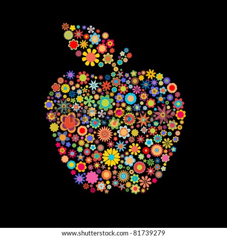 illustration of apple shape made up a lot of  multicolored small flowers on the black background