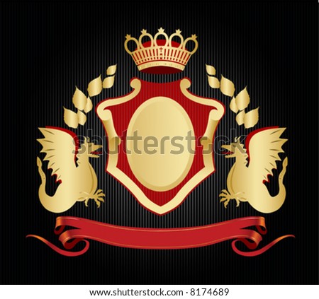 Heraldic symbols with crown and dragon. Vector illustration.