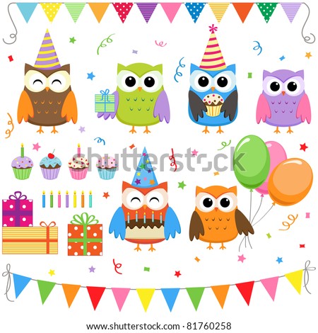 Set of vector birthday party elements with cute owls