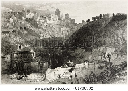 Old view of Castrogiovanni, at present days Enna, Sicily, Italy. Created by Leitch and Starling, published on Il Mediterraneo Illustrato, Spirito Battelli ed., Florence, Italy, 1841