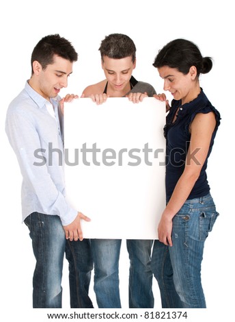 surprised brother and sisters looking at a banner ad, isolated on white background